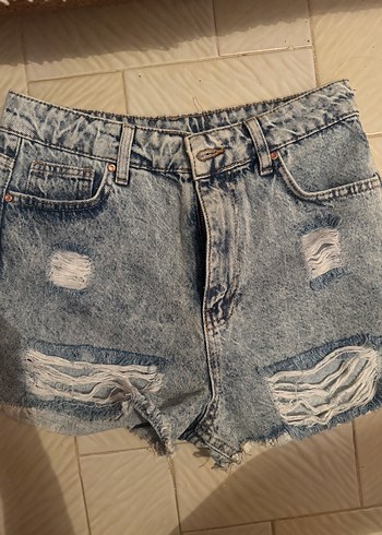 Düğmeli Gri Batik Desenli Kadın Denim Şort
