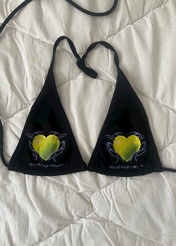 s Beden Siyah Sarı Desenli Goth Bikini Üstü