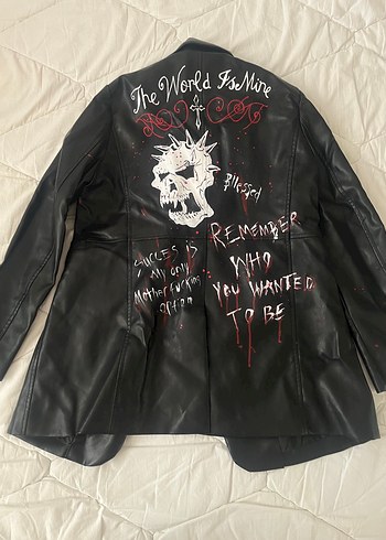 m Beden siyah Renk Siyah Baskılı Deri Punk Ceket