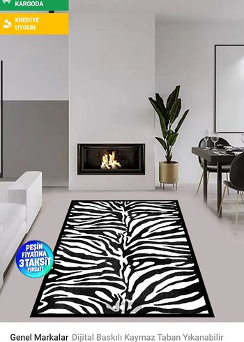 Dijital Baskılı Kaymaz Zebra Desenli Halı