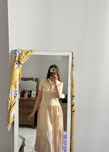 Bej Uzun Düğmeli gömlek Elbise - Görsel 3