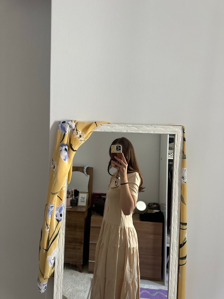 Bej Uzun Düğmeli gömlek Elbise - Görsel 2