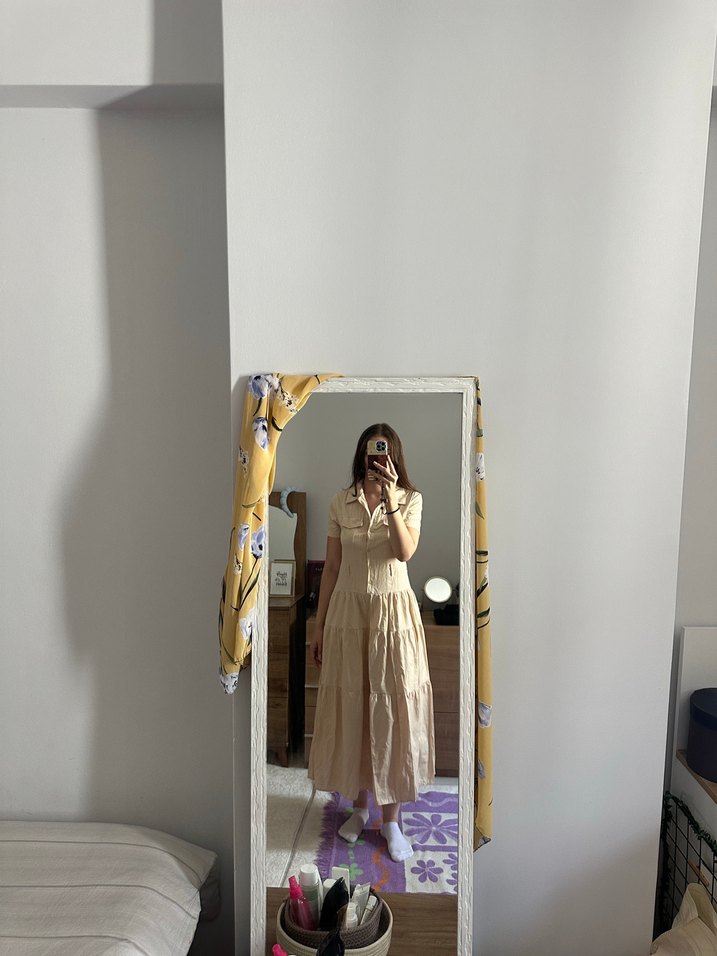 Bej Uzun Düğmeli gömlek Elbise - Görsel 4