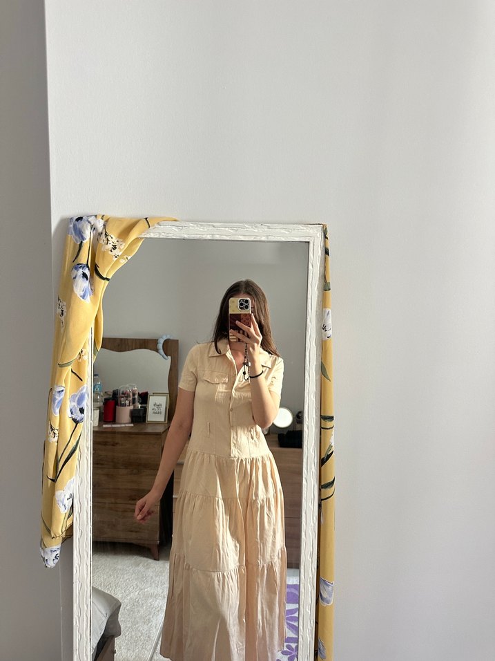 Bej Uzun Düğmeli gömlek Elbise - Görsel 3