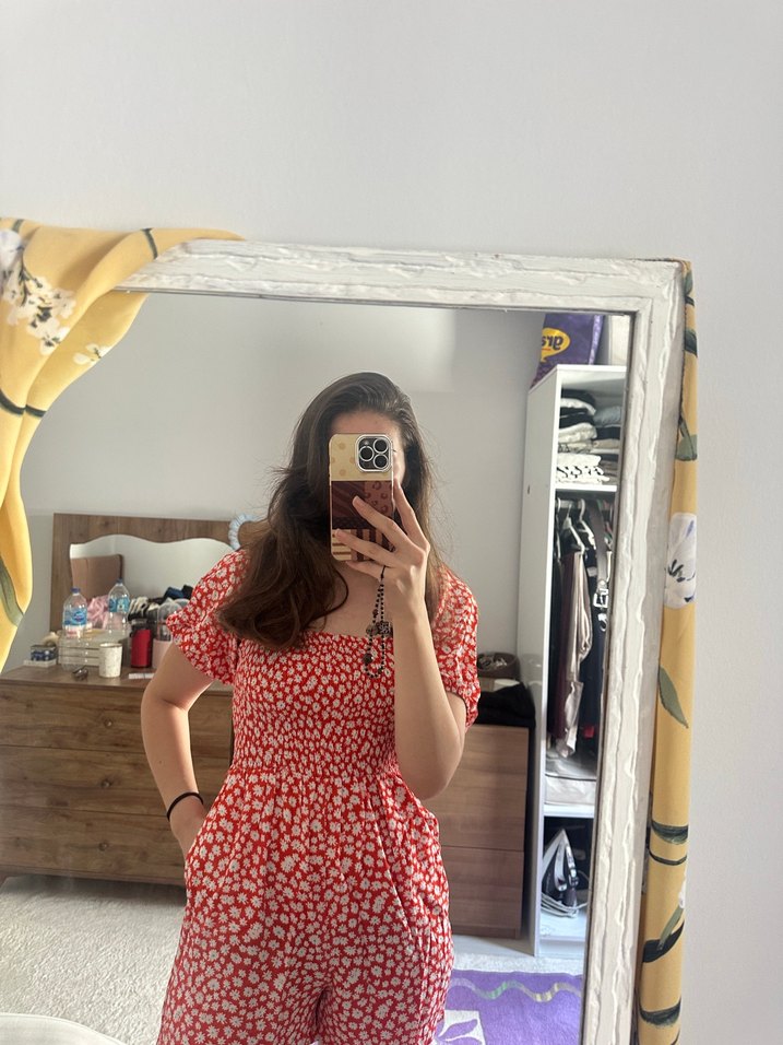 V Yaka Pembe Bağlama Desenli Kadın Tulum - Görsel 2