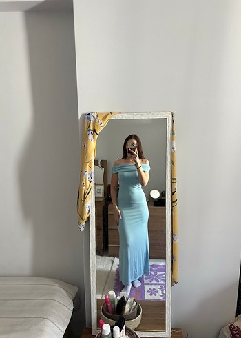 Mavi Uzun Drapeli Kayık Yaka Elbise - Görsel 2