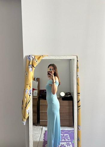 Mavi Uzun Drapeli Kayık Yaka Elbise - Görsel 3