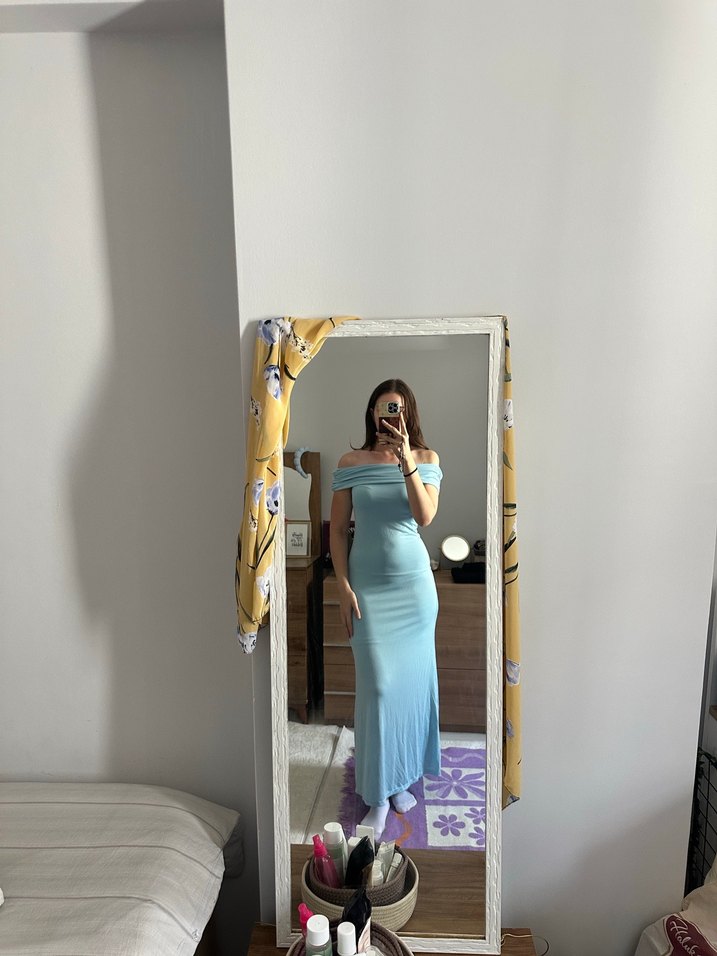 Mavi Uzun Drapeli Kayık Yaka Elbise - Görsel 2