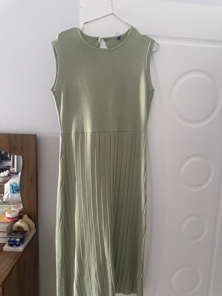 Khaki Midi Fitilli Triko Elbise - Görsel 3