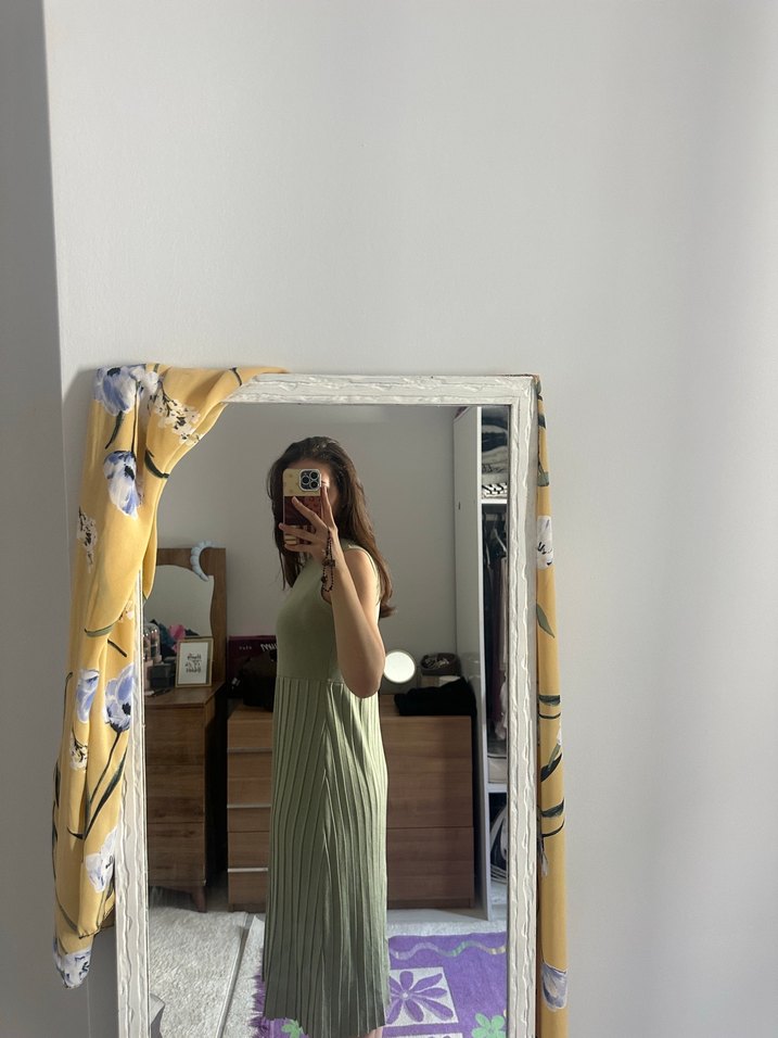 Khaki Midi Fitilli Triko Elbise - Görsel 2