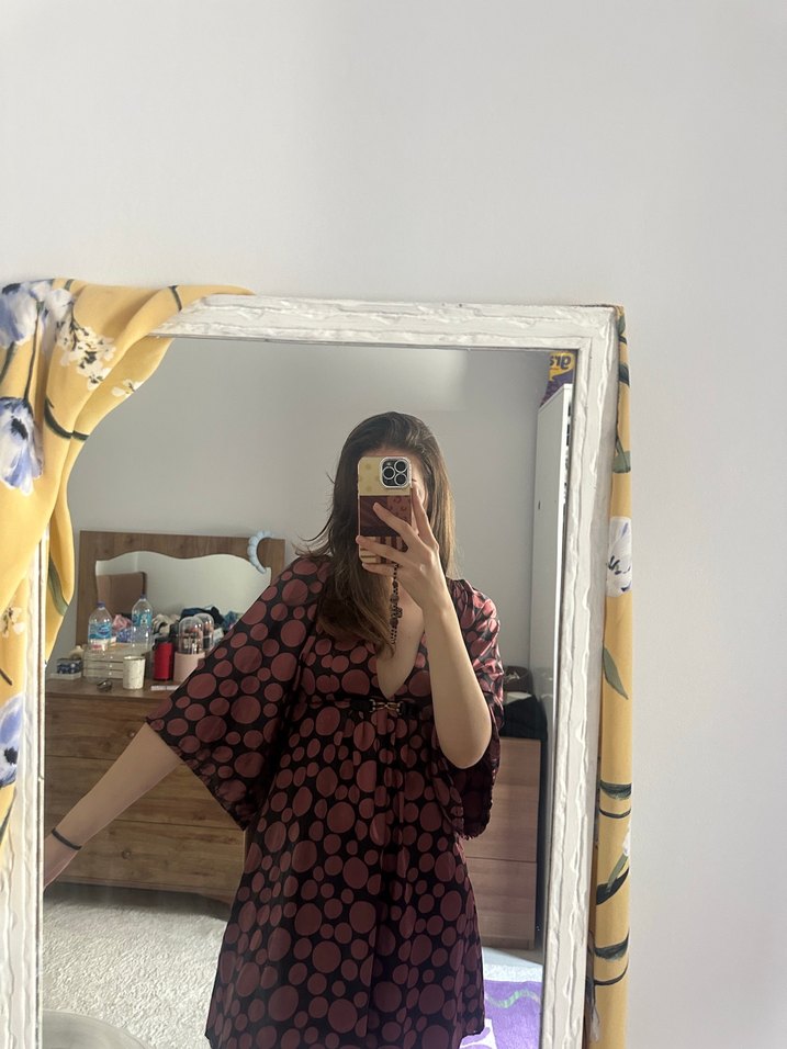 Bordo Tie-Dye V Yaka Midi Elbise - Görsel 2