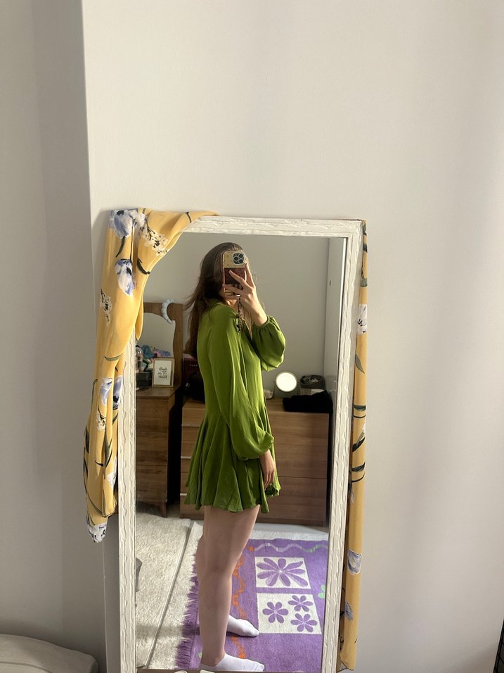 V Yaka Uzun Kollu Salaş Midi Elbise - Görsel 2