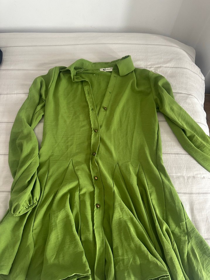 V Yaka Uzun Kollu Salaş Midi Elbise - Görsel 3