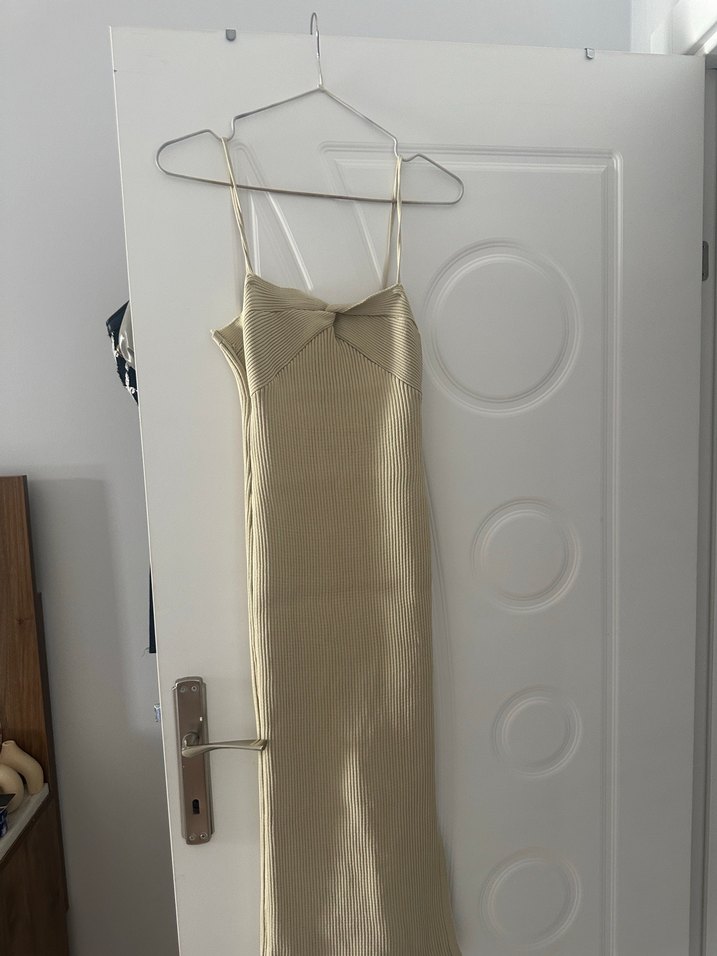 Bej Straplez Midi Triko Elbise - Görsel 3