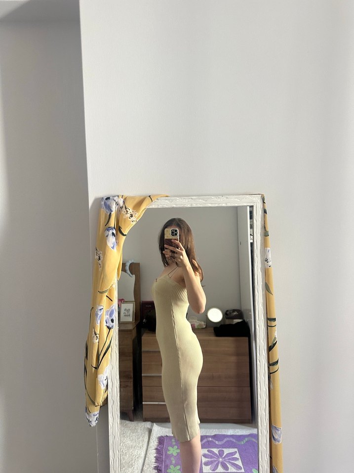 Bej Straplez Midi Triko Elbise - Görsel 2