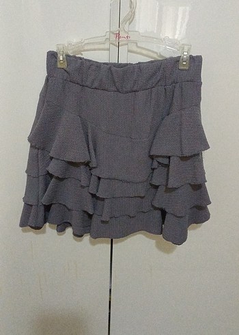 Gri Mini Etek, Fırfırlı, Salaş Kesim - Görsel 4