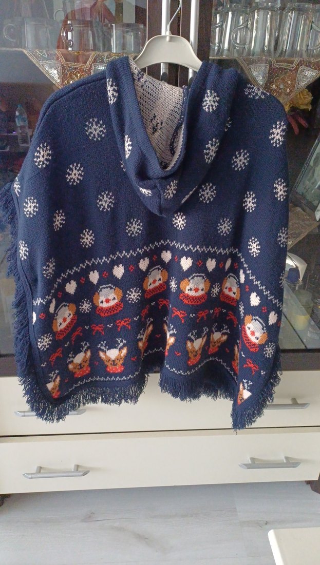 Nakışlı Mavi Bohem kız cocuk Triko Panço - Görsel 2