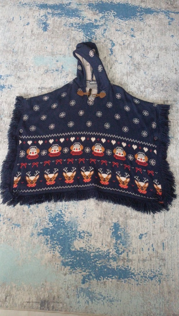 Nakışlı Mavi Bohem kız cocuk Triko Panço - Görsel 4