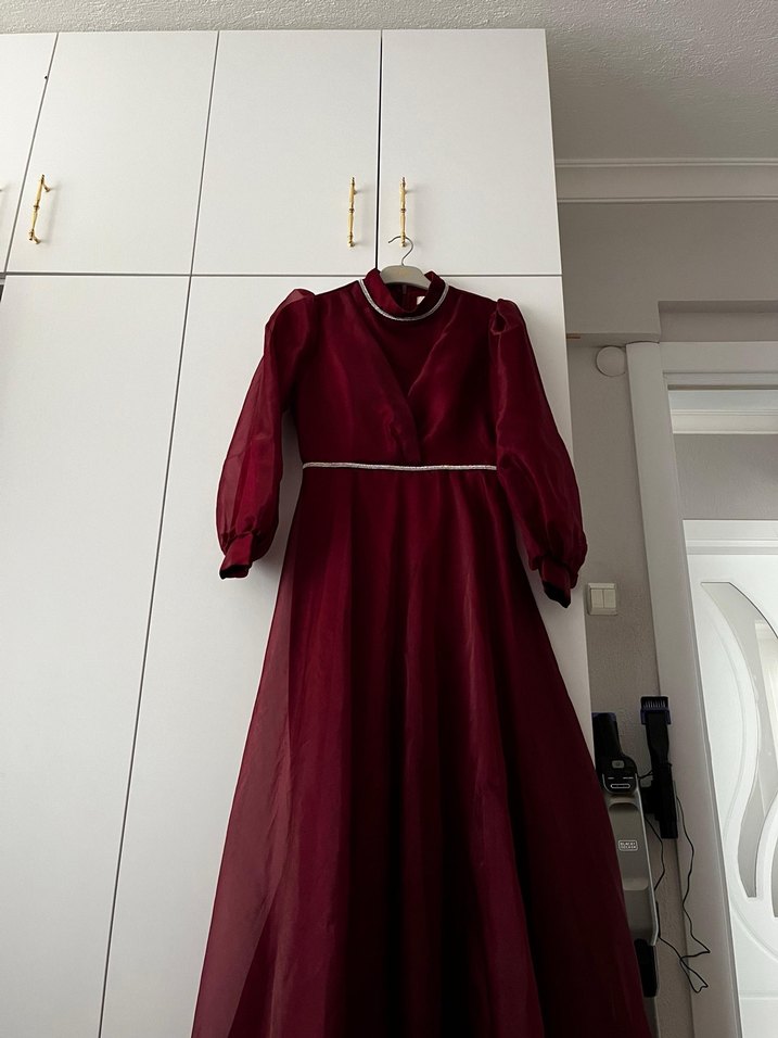 Bordo Uzun Kollu Drapeli Kadın Elbise - Görsel 3