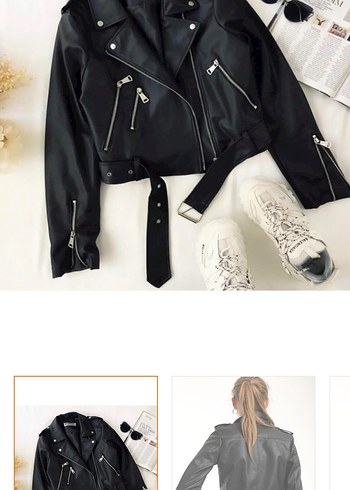 Siyah Kemerli Mini Deri Biker Ceket