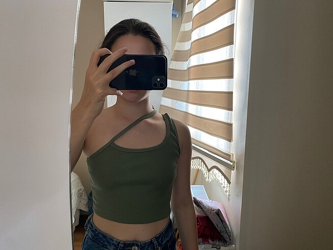 s Beden yeşil Renk Tek kol askılı crop