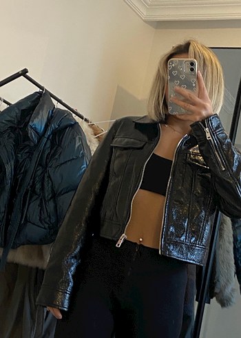 Kadın Siyah Deri Biker Ceket - Görsel 5