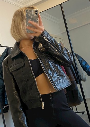 Kadın Siyah Deri Biker Ceket - Görsel 4