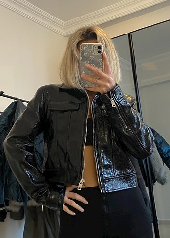 Kadın Siyah Deri Biker Ceket - Görsel 2