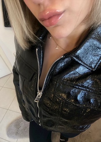 Kadın Siyah Deri Biker Ceket - Görsel 7