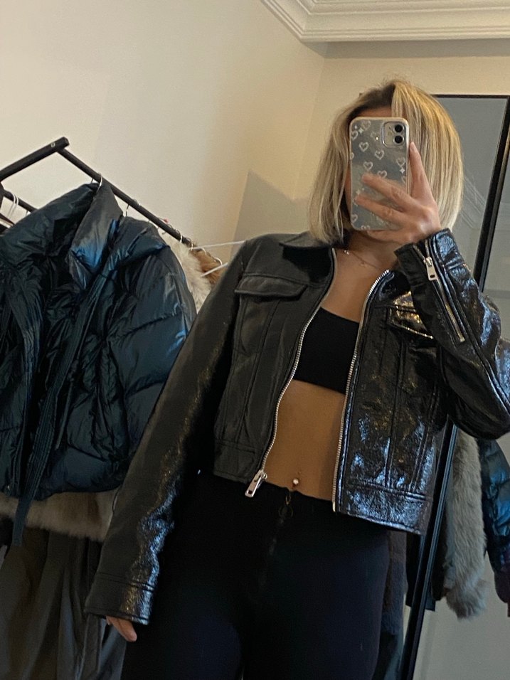 Kadın Siyah Deri Biker Ceket - Görsel 5