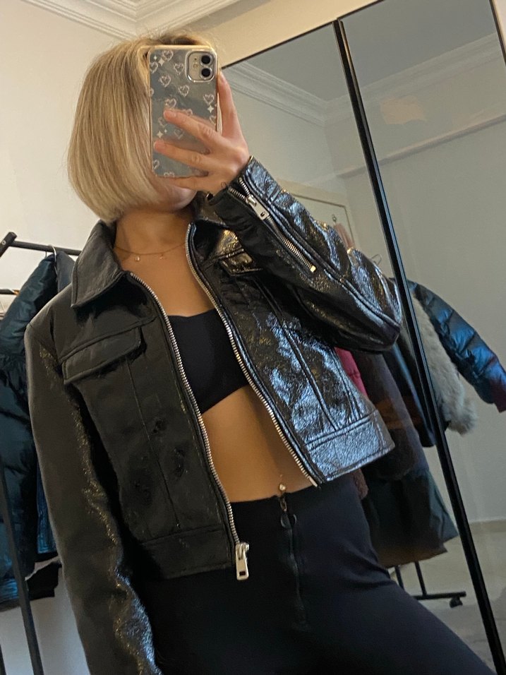 Kadın Siyah Deri Biker Ceket - Görsel 4