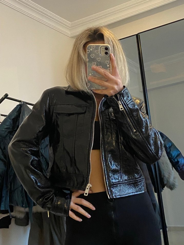 Kadın Siyah Deri Biker Ceket - Görsel 2