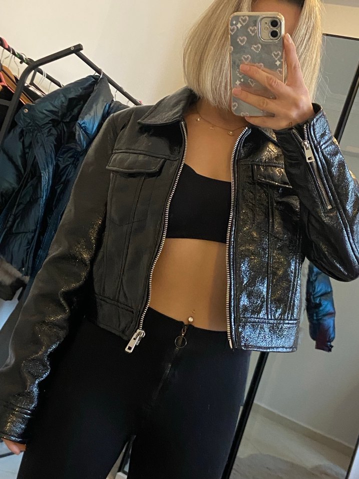 Kadın Siyah Deri Biker Ceket - Görsel 3