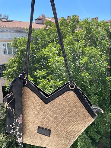  Beden camel Renk Fularlı Hasır Çanta