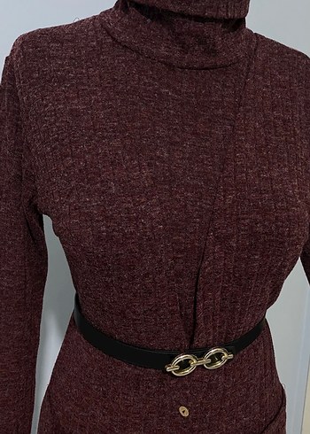 38 Beden Bordo Uzun Düğmeli Boğazlı Triko Elbise