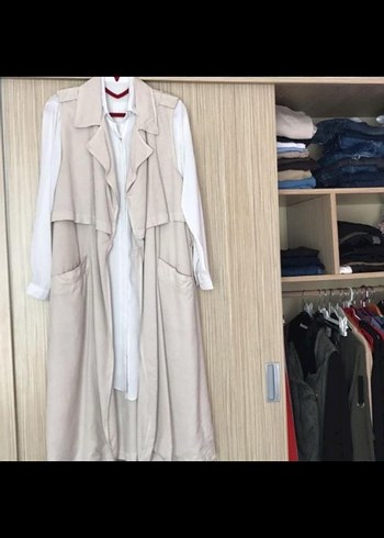 Bej Uzun Kolsuz Trençkot yelek mango - Görsel 3