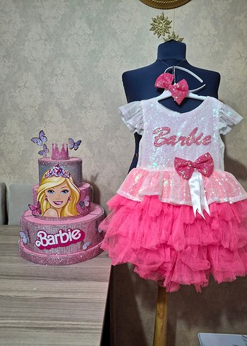 Pembe Barbie Kız Elbisesi + maket pasta+taç