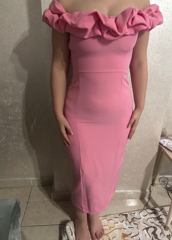 Pembe Straplez Fırfırlı Uzun Kalem Elbise - Görsel 2