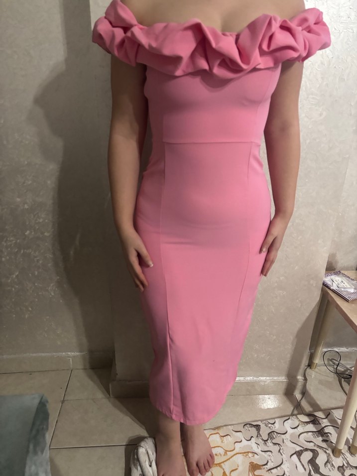 Pembe Straplez Fırfırlı Uzun Kalem Elbise - Görsel 2