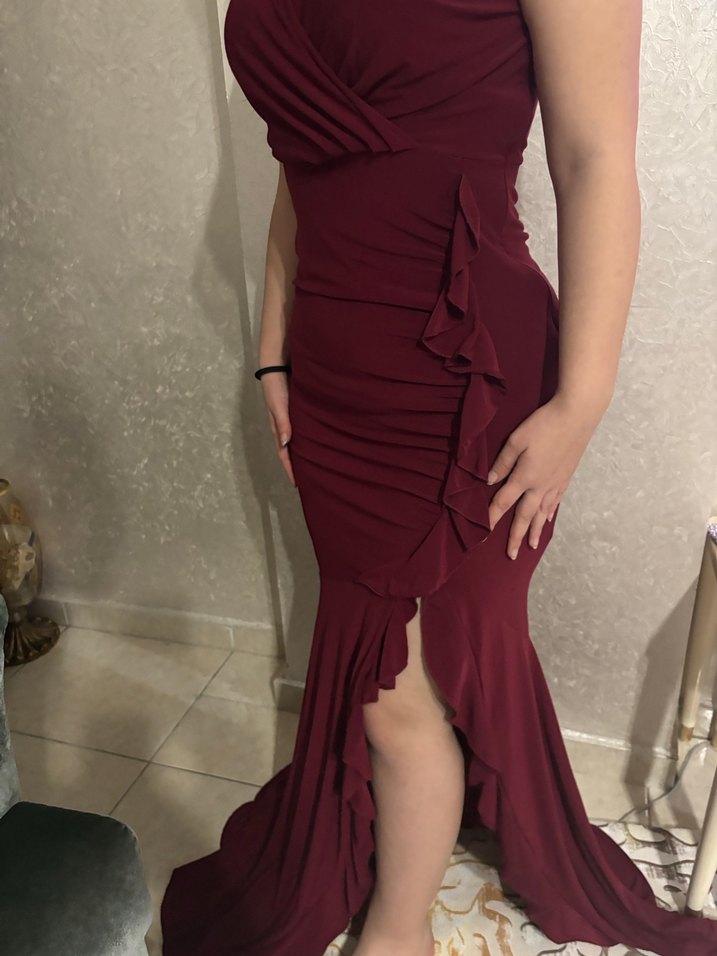 Bordo Drapeli Uzun Abiye Elbise - Görsel 2