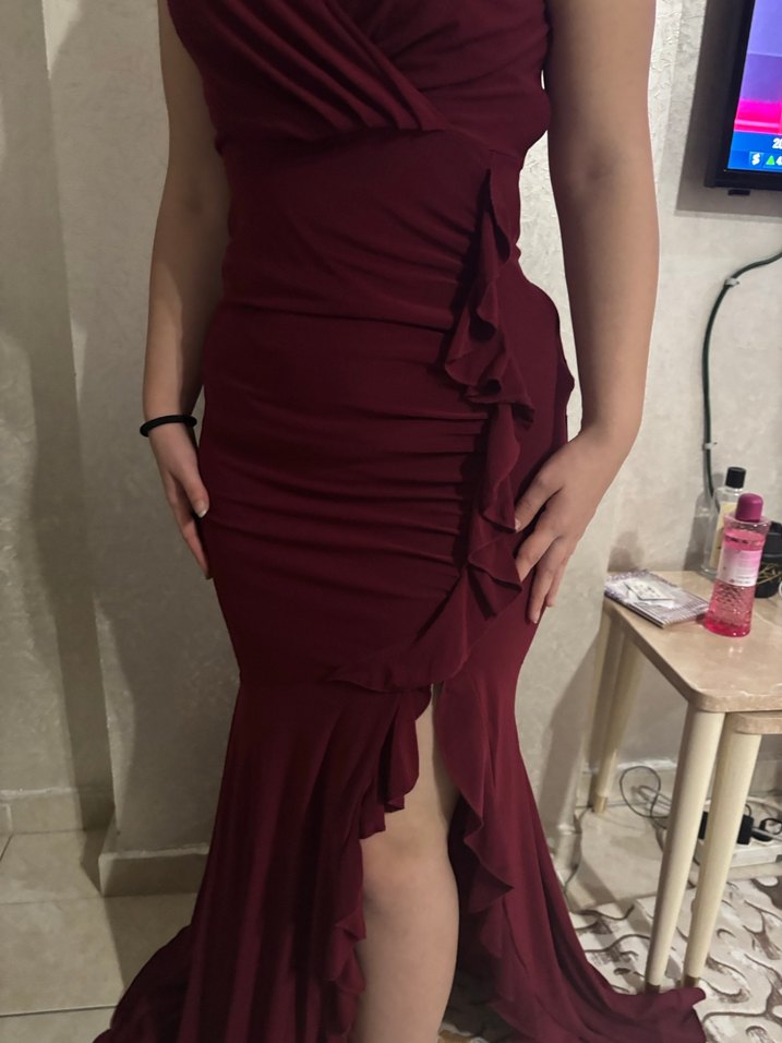 Bordo Drapeli Uzun Abiye Elbise - Görsel 3