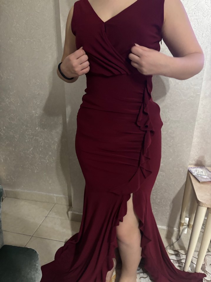 Bordo Drapeli Uzun Abiye Elbise - Görsel 4