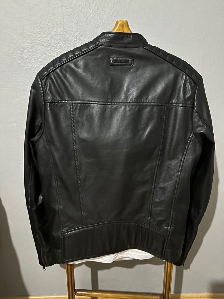 Siyah Deri Biker Ceket, Kemerli, Uzun Kollu - Görsel 3