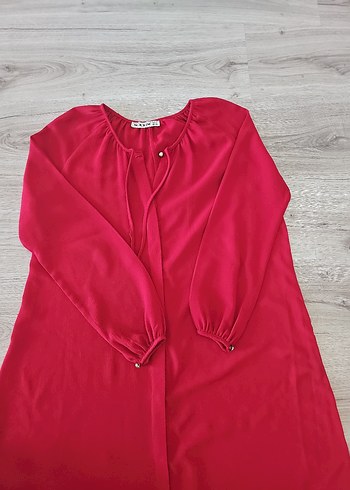 Kırmızı V Yaka Düğmeli Uzun Tunik - Görsel 7