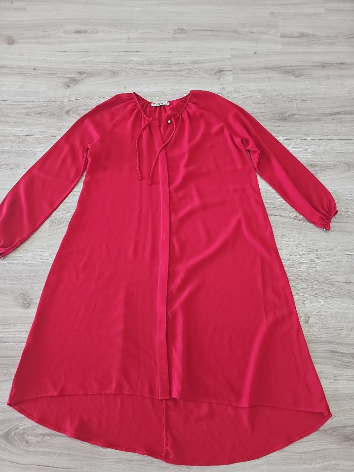 Kırmızı V Yaka Düğmeli Uzun Tunik - Görsel 3