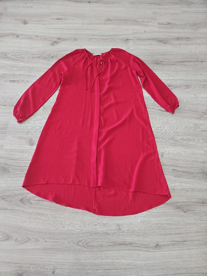 Kırmızı V Yaka Düğmeli Uzun Tunik - Görsel 4