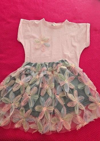 Kız Çocuk Pembe Nakışlı Dantel Elbise