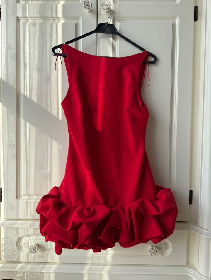 Kırmızı Mini Fırfırlı Straplez Abiye Elbise - Görsel 3