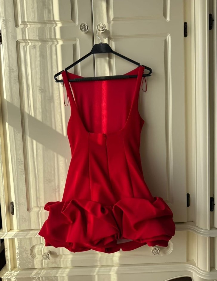 Kırmızı Mini Fırfırlı Straplez Abiye Elbise - Görsel 2