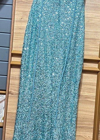 Payetli turkuaz  İşlemeli Uzun abiye elbise - Görsel 3